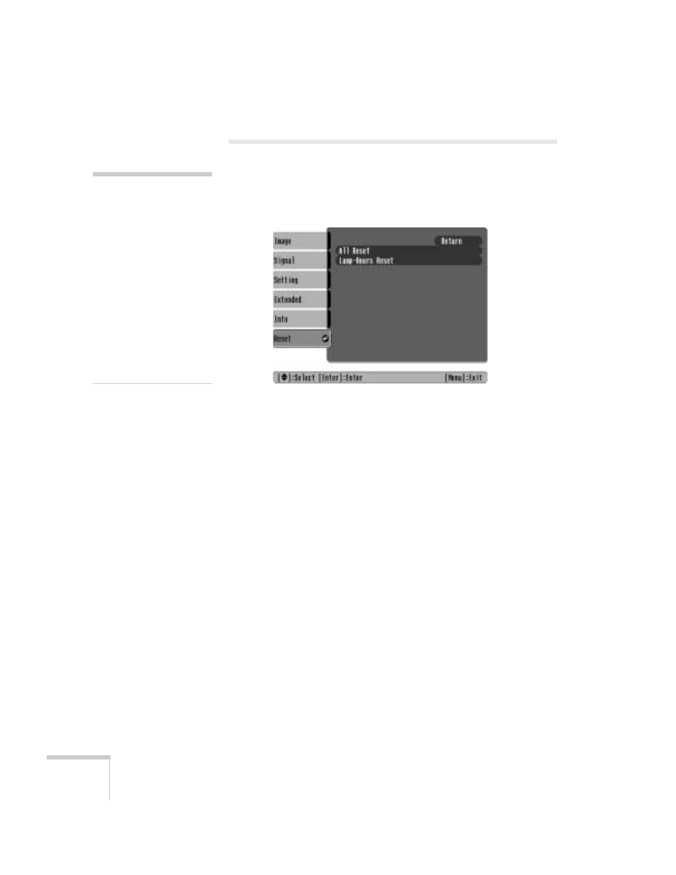 Restoring the default settings | Epson 61p User Manual | Page 68 / 116