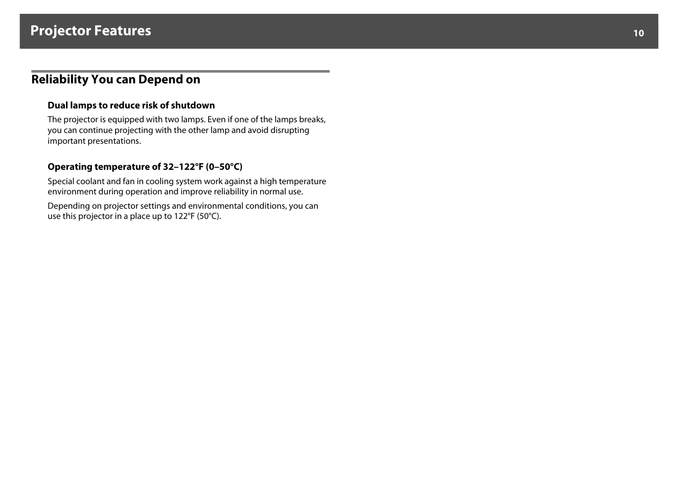 Reliability you can depend on, Projector features | Epson Z8250NL User Manual | Page 10 / 256