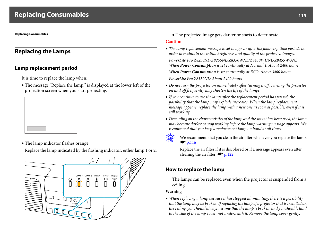 Replacing consumables, Replacing the lamps, Lamp replacement period how to replace the lamp | P.119 | Epson Z8250NL User Manual | Page 119 / 256