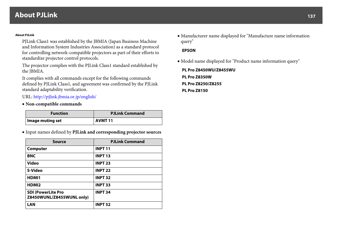 About pjlink, P.137 | Epson Z8250NL User Manual | Page 137 / 256