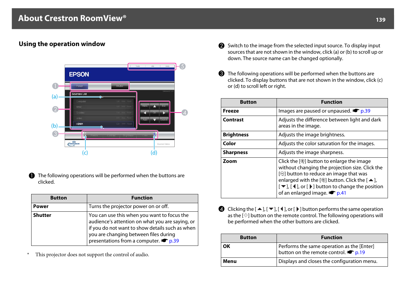 Using the operation window, About crestron roomview | Epson Z8250NL User Manual | Page 139 / 256