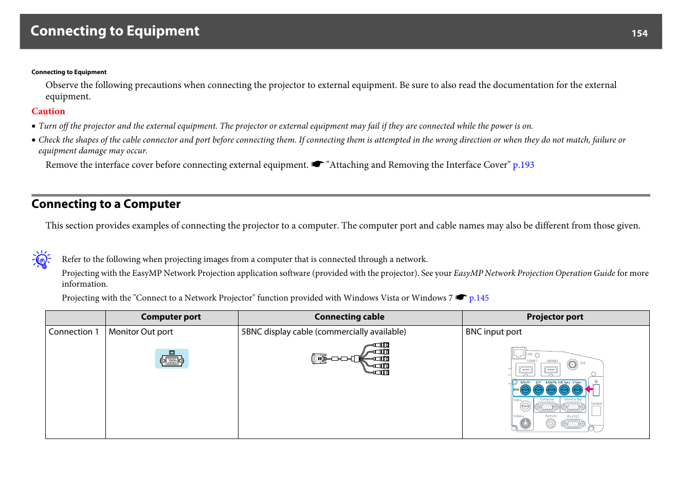 Connecting to equipment, Connecting to a computer, P.154 | Epson Z8250NL User Manual | Page 154 / 256