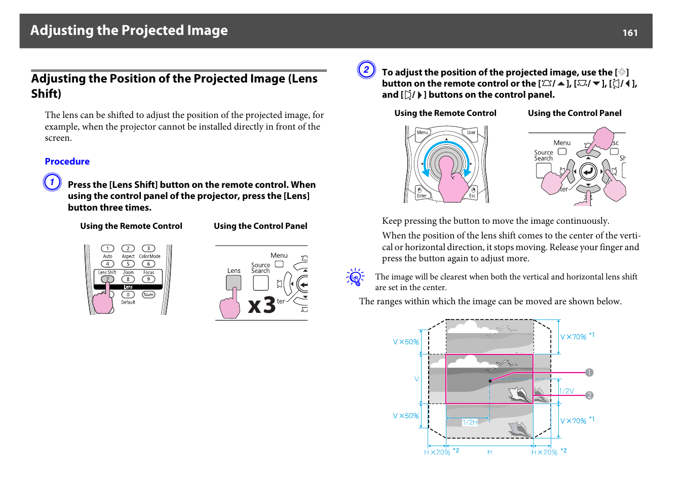 P.161, Adjusting the projected image | Epson Z8250NL User Manual | Page 161 / 256