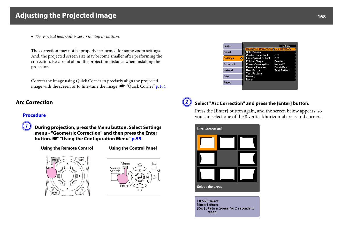 Arc correction, P.168, Adjusting the projected image | Epson Z8250NL User Manual | Page 168 / 256