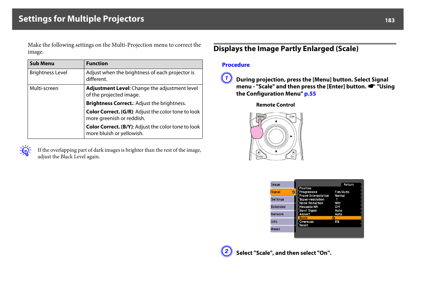 Displays the image partly enlarged (scale), Settings for multiple projectors | Epson Z8250NL User Manual | Page 183 / 256