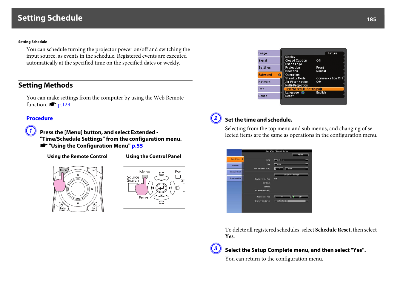 Setting schedule, Setting methods, P.185 | Epson Z8250NL User Manual | Page 185 / 256