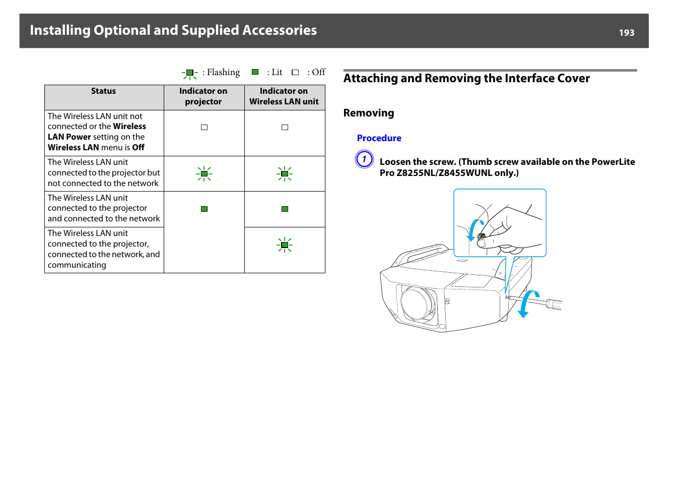 Attaching and removing the interface cover, Removing, P.193 | Installing optional and supplied accessories | Epson Z8250NL User Manual | Page 193 / 256