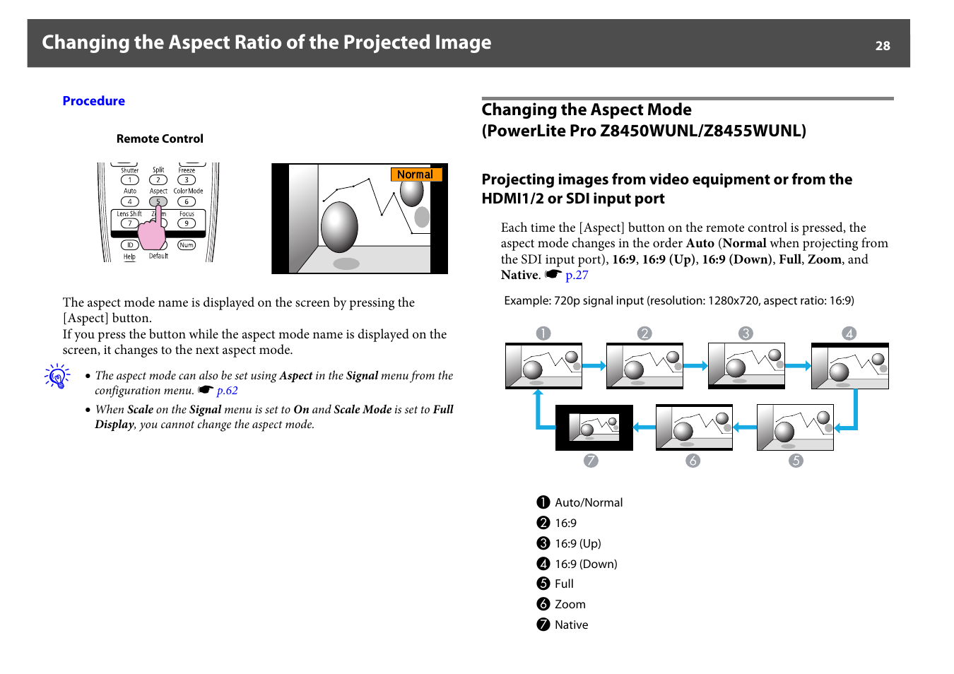 Changing the aspect ratio of the projected image | Epson Z8250NL User Manual | Page 28 / 256