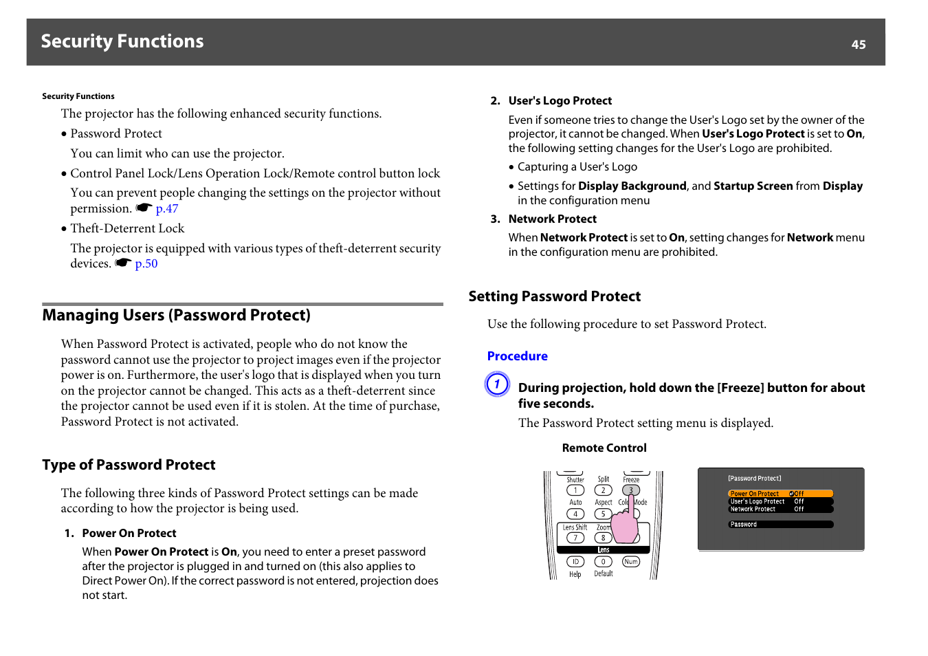 Security functions, Managing users (password protect), Type of password protect setting password protect | P.45 | Epson Z8250NL User Manual | Page 45 / 256