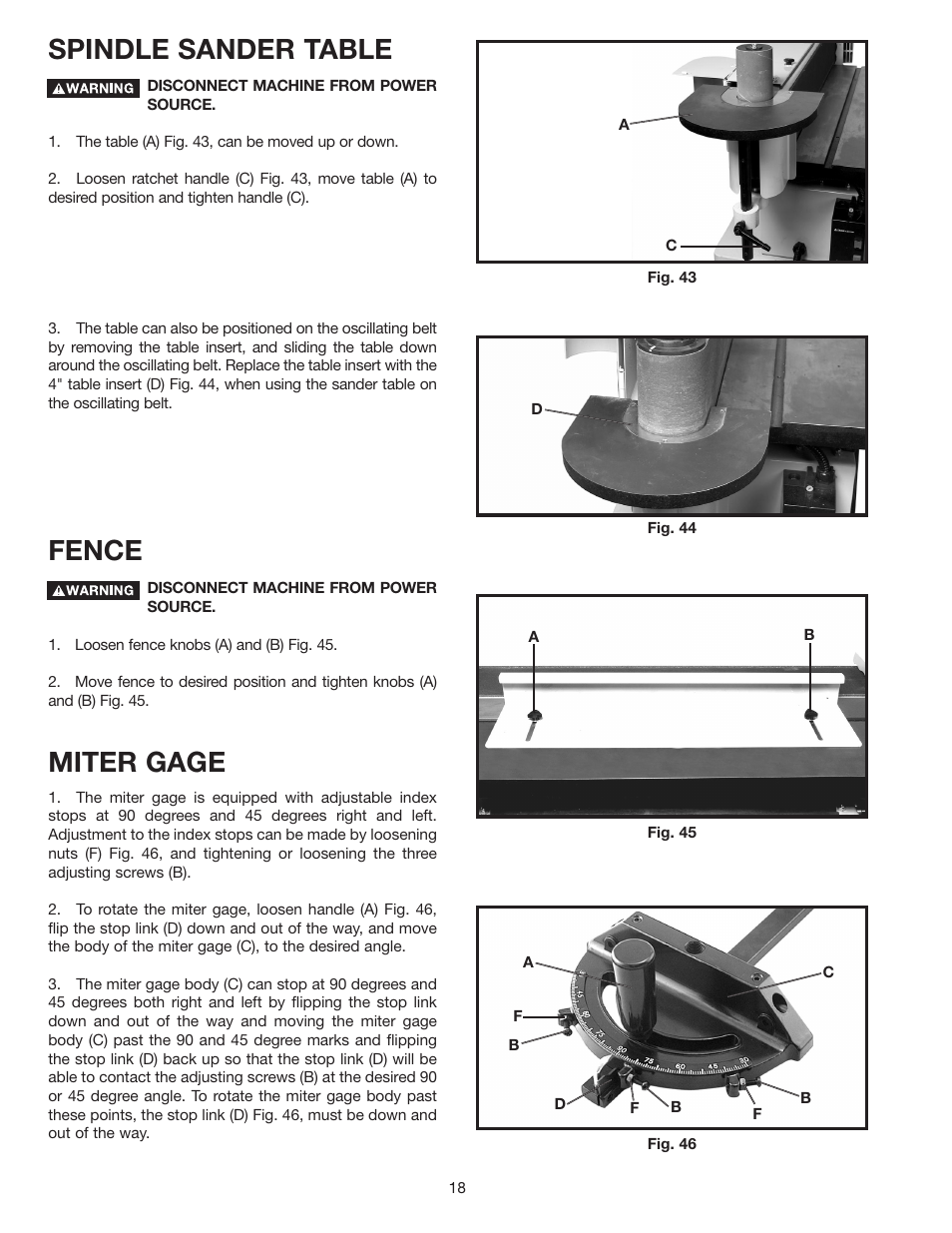 Fence, Miter gage, Spindle sander table | Epson 31-396 User Manual | Page 18 / 24