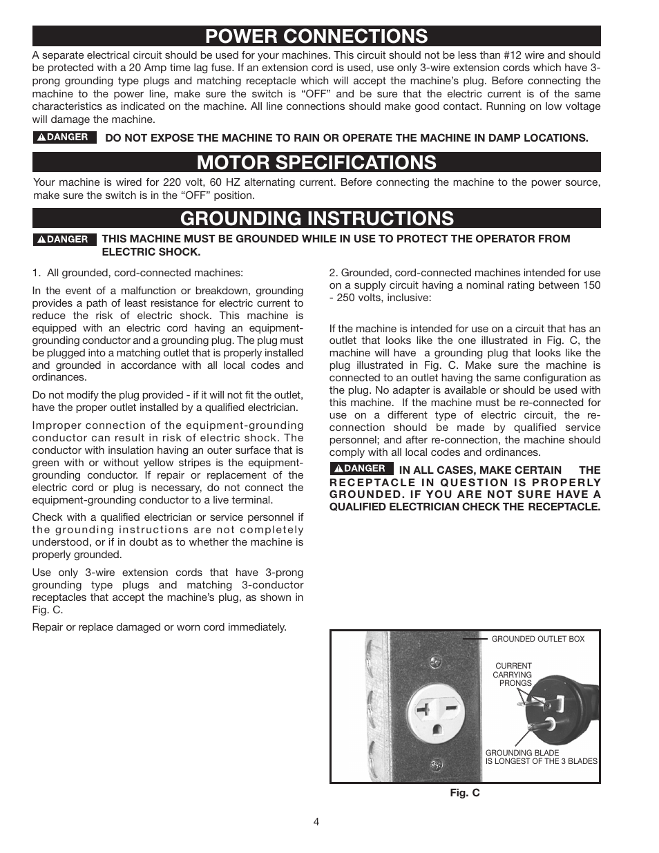 Power connections motor specifications, Grounding instructions | Epson 31-396 User Manual | Page 4 / 24