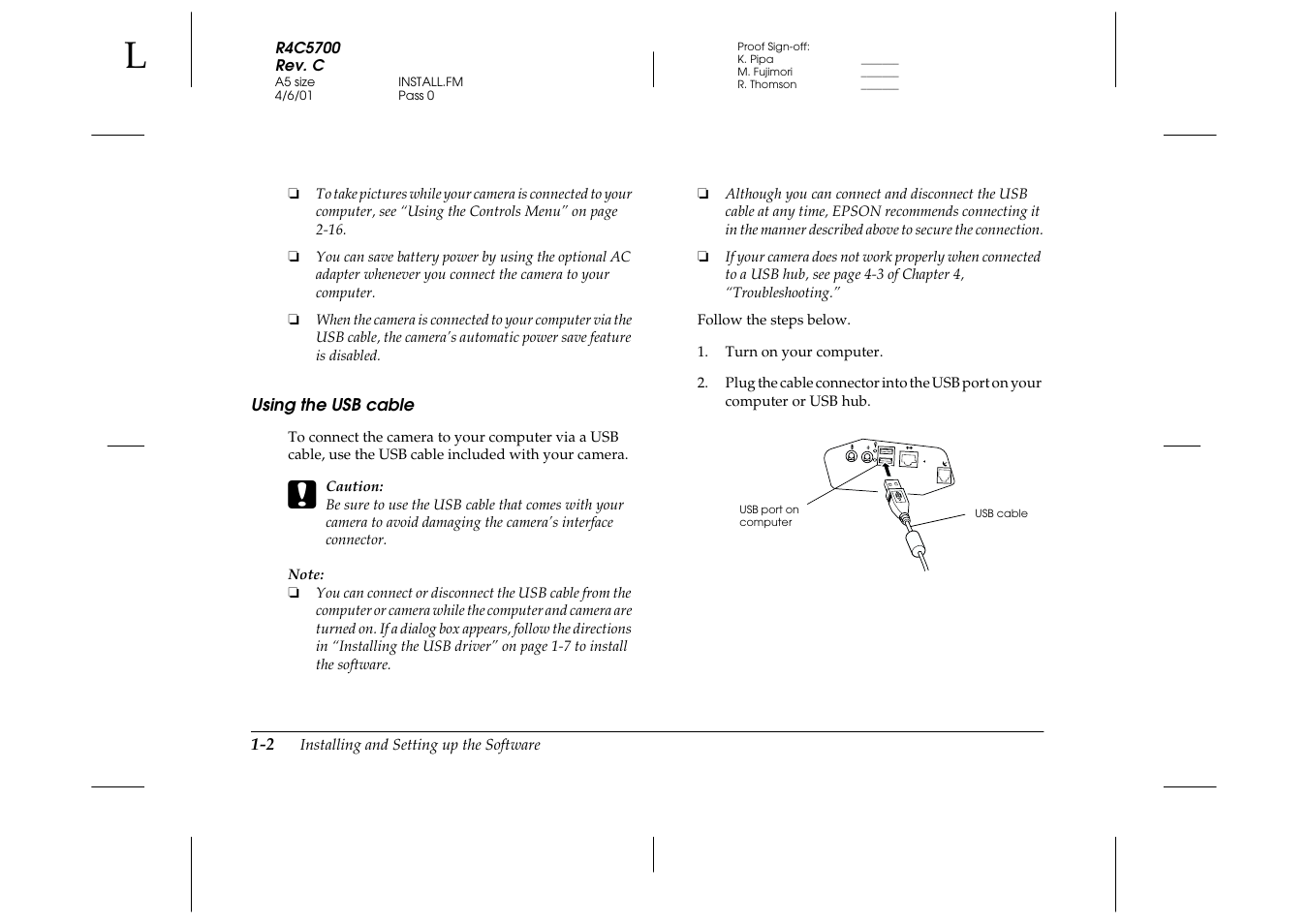 Using the usb cable, Using the usb cable -2 | Epson 4012033-00 XXX User Manual | Page 11 / 81