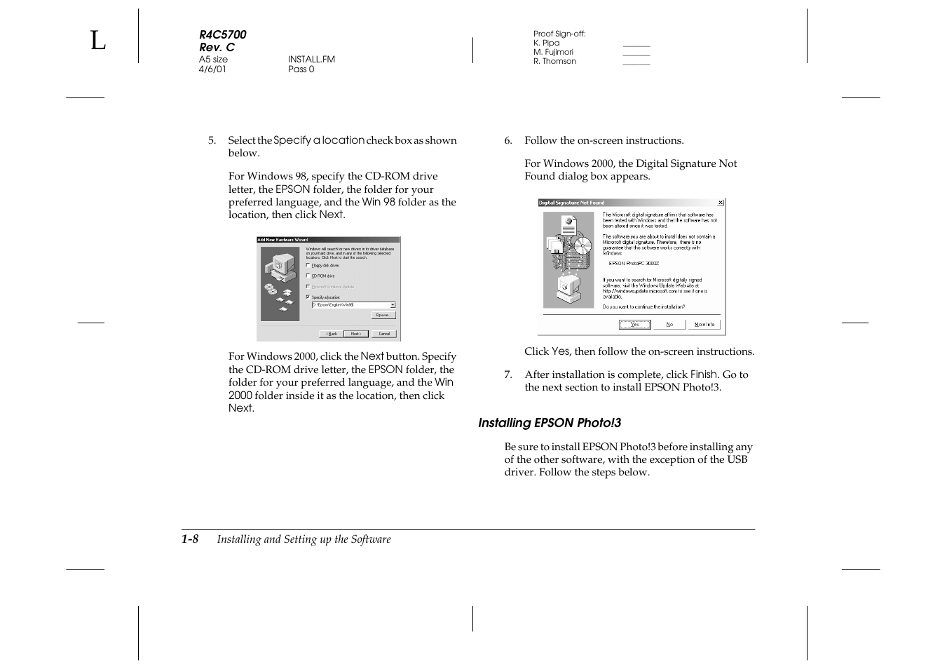 Installing epson photo!3, Installing epson photo!3 -8 | Epson 4012033-00 XXX User Manual | Page 17 / 81