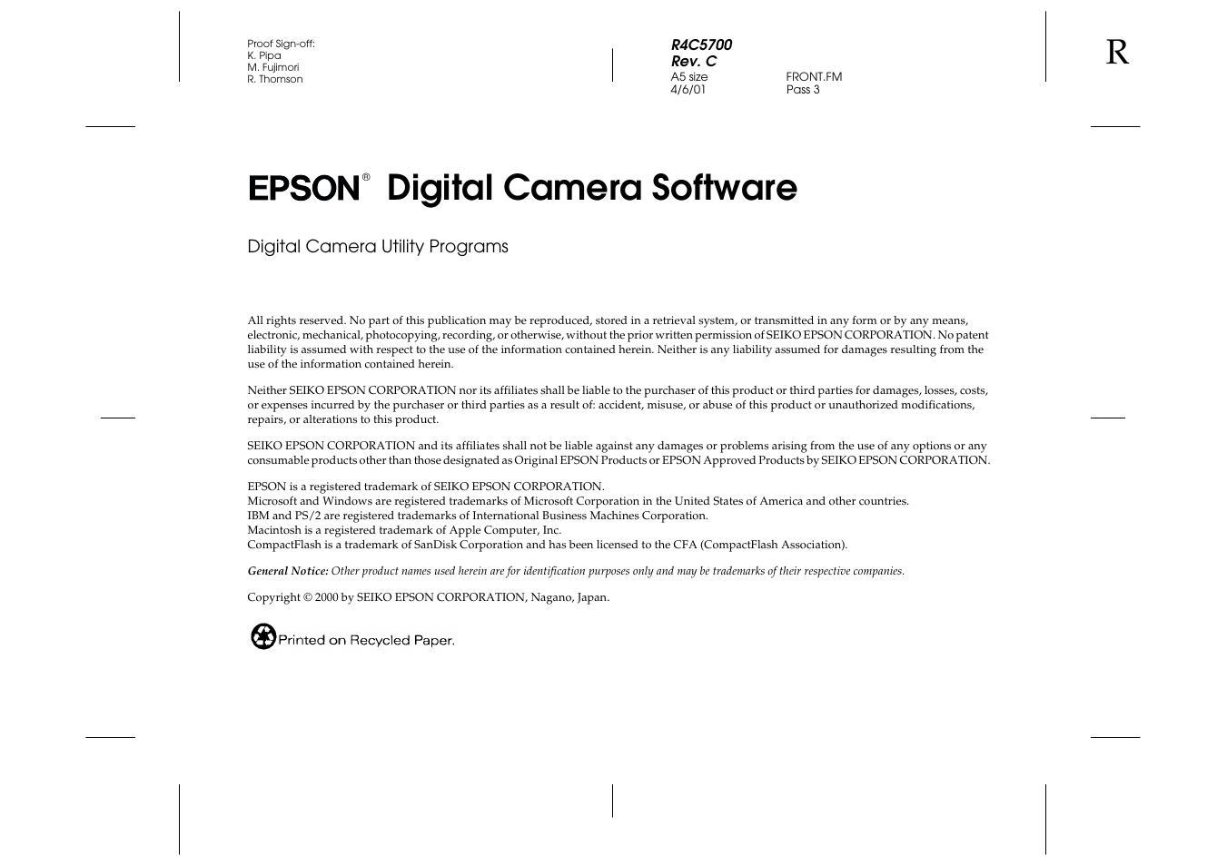 Copyright, Digital camera software | Epson 4012033-00 XXX User Manual | Page 2 / 81