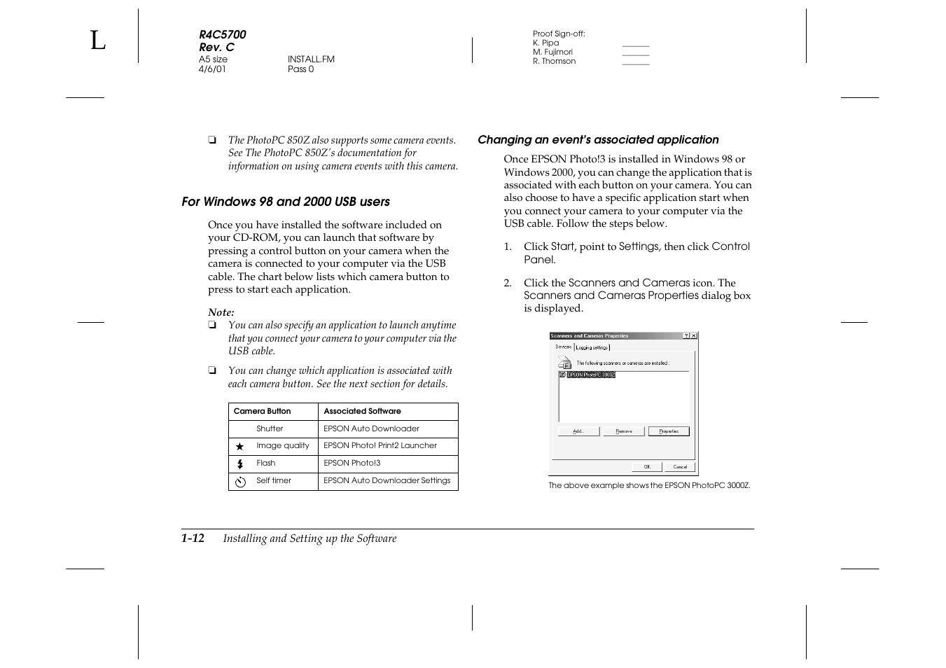 For windows 98 and 2000 usb users, Changing an event’s associated application, For windows 98 and 2000 usb users -12 | Epson 4012033-00 XXX User Manual | Page 21 / 81