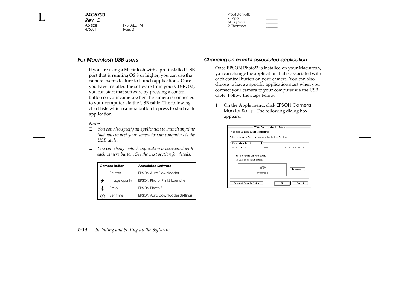 For macintosh usb users, Changing an event’s associated application, For macintosh usb users -14 | Epson 4012033-00 XXX User Manual | Page 23 / 81