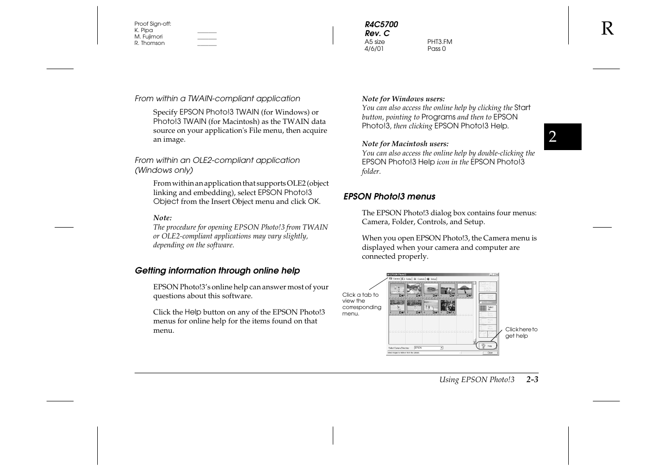 From within a twain-compliant application, Getting information through online help, Epson photo!3 menus | Epson 4012033-00 XXX User Manual | Page 28 / 81