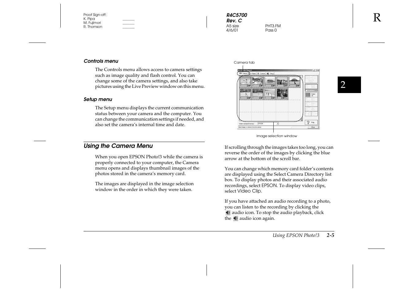 Controls menu, Setup menu, Using the camera menu | Using the camera menu -5 | Epson 4012033-00 XXX User Manual | Page 30 / 81