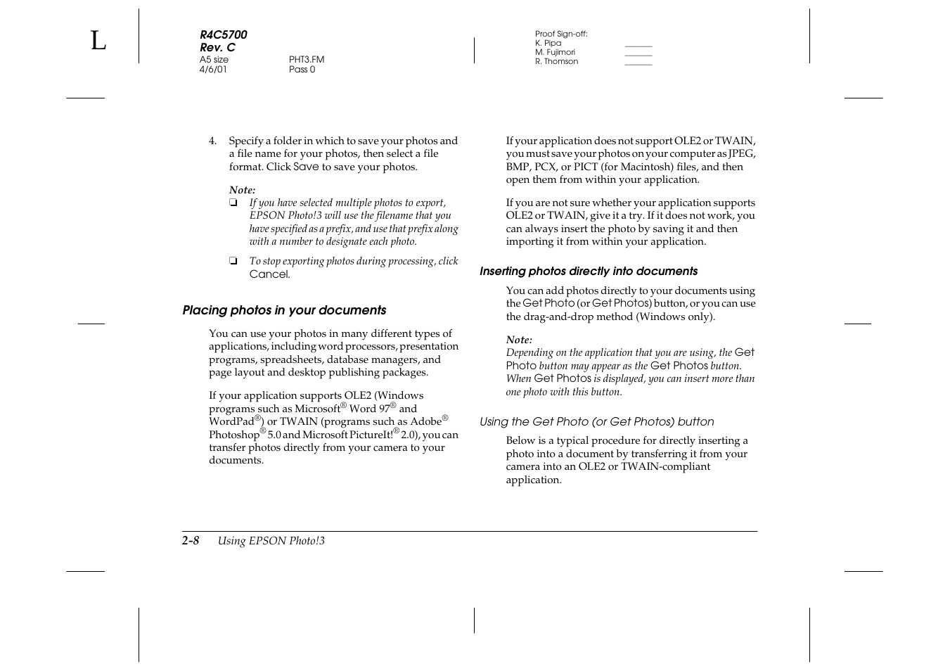 Placing photos in your documents, Inserting photos directly into documents, Using the get photo (or get photos) button | Placing photos in your documents -8 | Epson 4012033-00 XXX User Manual | Page 33 / 81