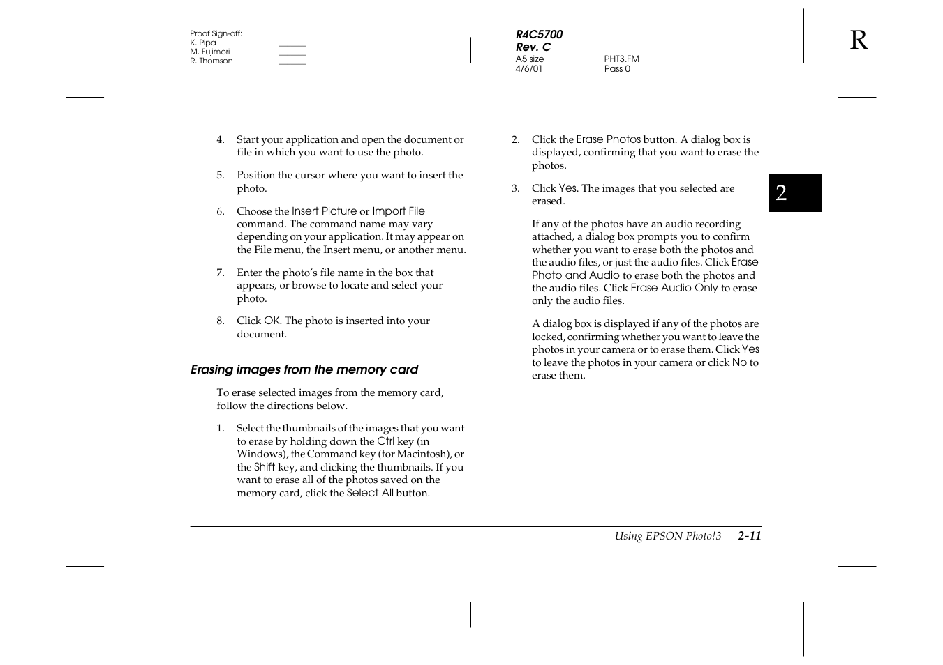 Erasing images from the memory card, Erasing images from the memory card -11 | Epson 4012033-00 XXX User Manual | Page 36 / 81