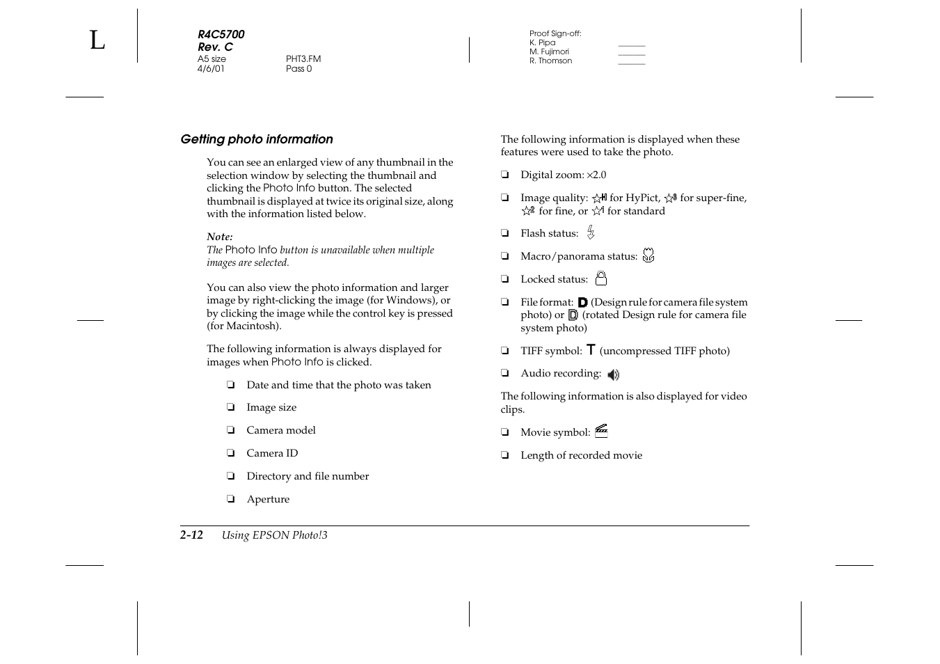 Getting photo information, Getting photo information -12 | Epson 4012033-00 XXX User Manual | Page 37 / 81