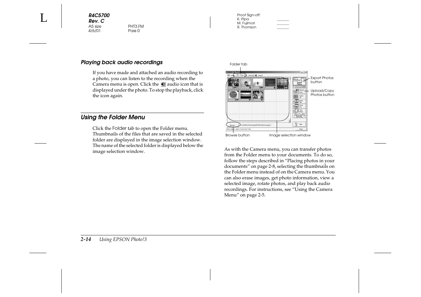 Playing back audio recordings, Using the folder menu, Playing back audio recordings -14 | Using the folder menu -14 | Epson 4012033-00 XXX User Manual | Page 39 / 81