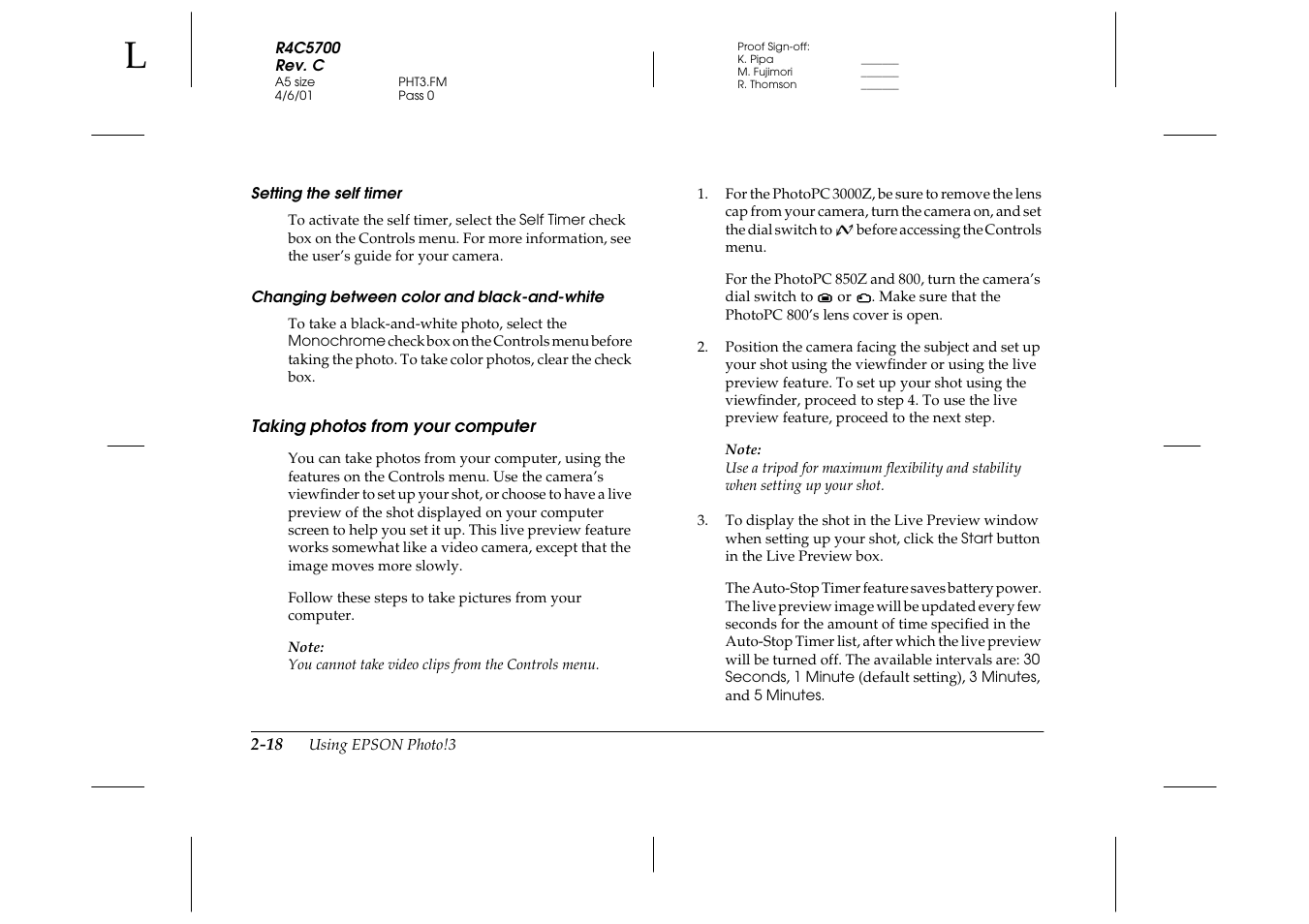 Setting the self timer, Changing between color and black-and-white, Taking photos from your computer | Taking photos from your computer -18 | Epson 4012033-00 XXX User Manual | Page 43 / 81