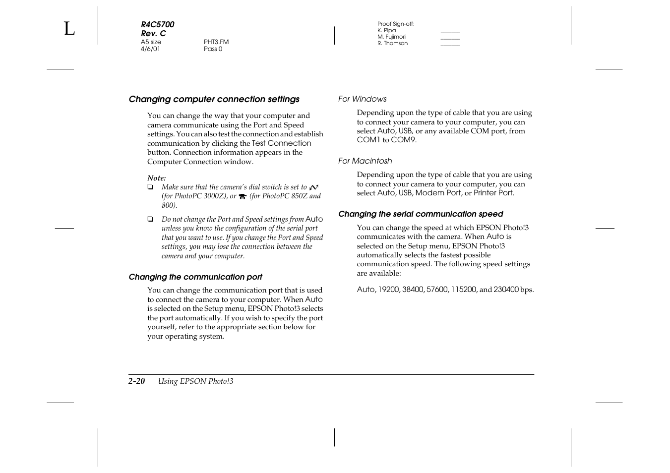 Changing computer connection settings, Changing the communication port, For windows | For macintosh, Changing the serial communication speed, Changing computer connection settings -20 | Epson 4012033-00 XXX User Manual | Page 45 / 81