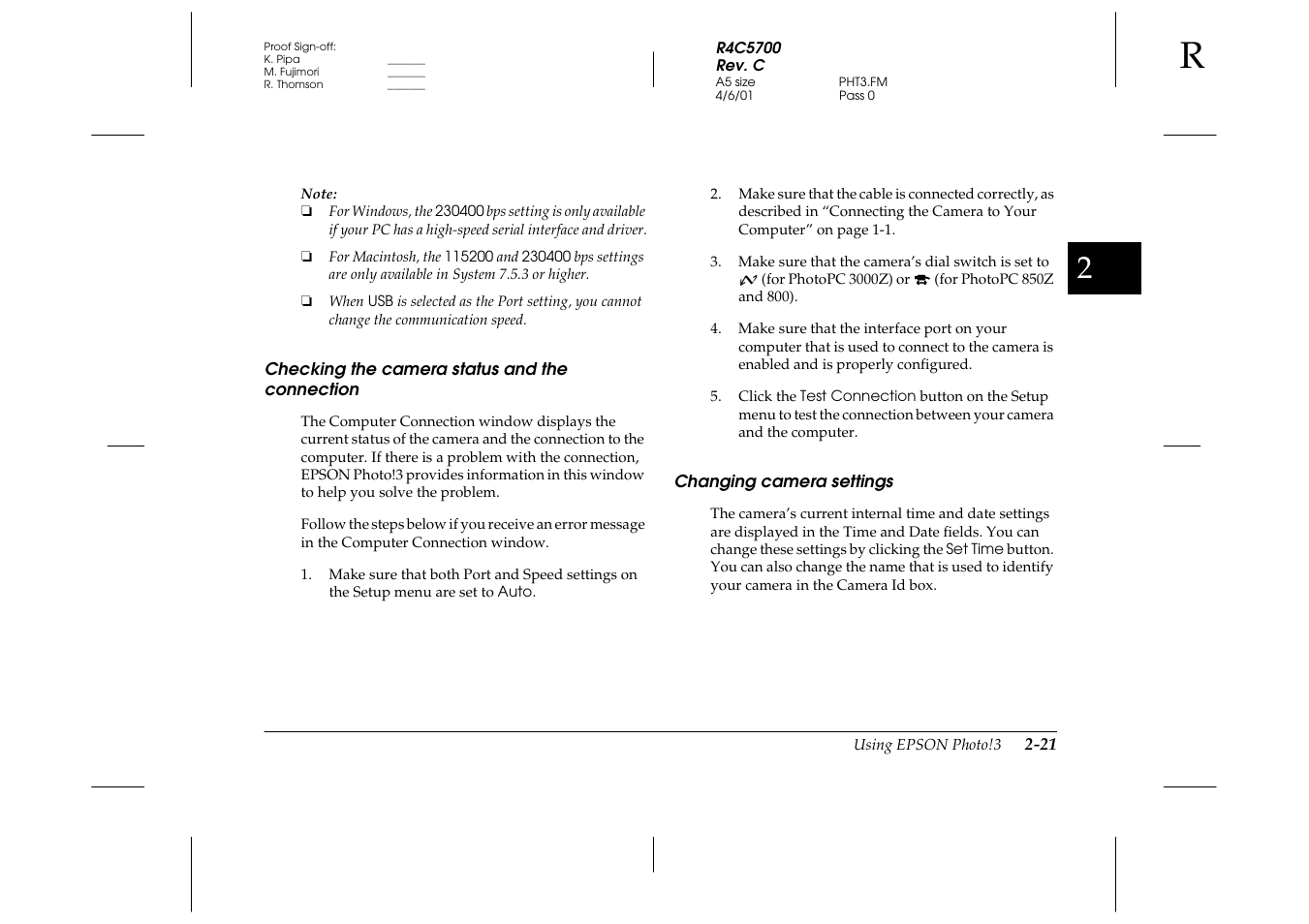 Checking the camera status and the connection, Changing camera settings, Checking the camera status and | The connection -21, Changing camera settings -21 | Epson 4012033-00 XXX User Manual | Page 46 / 81