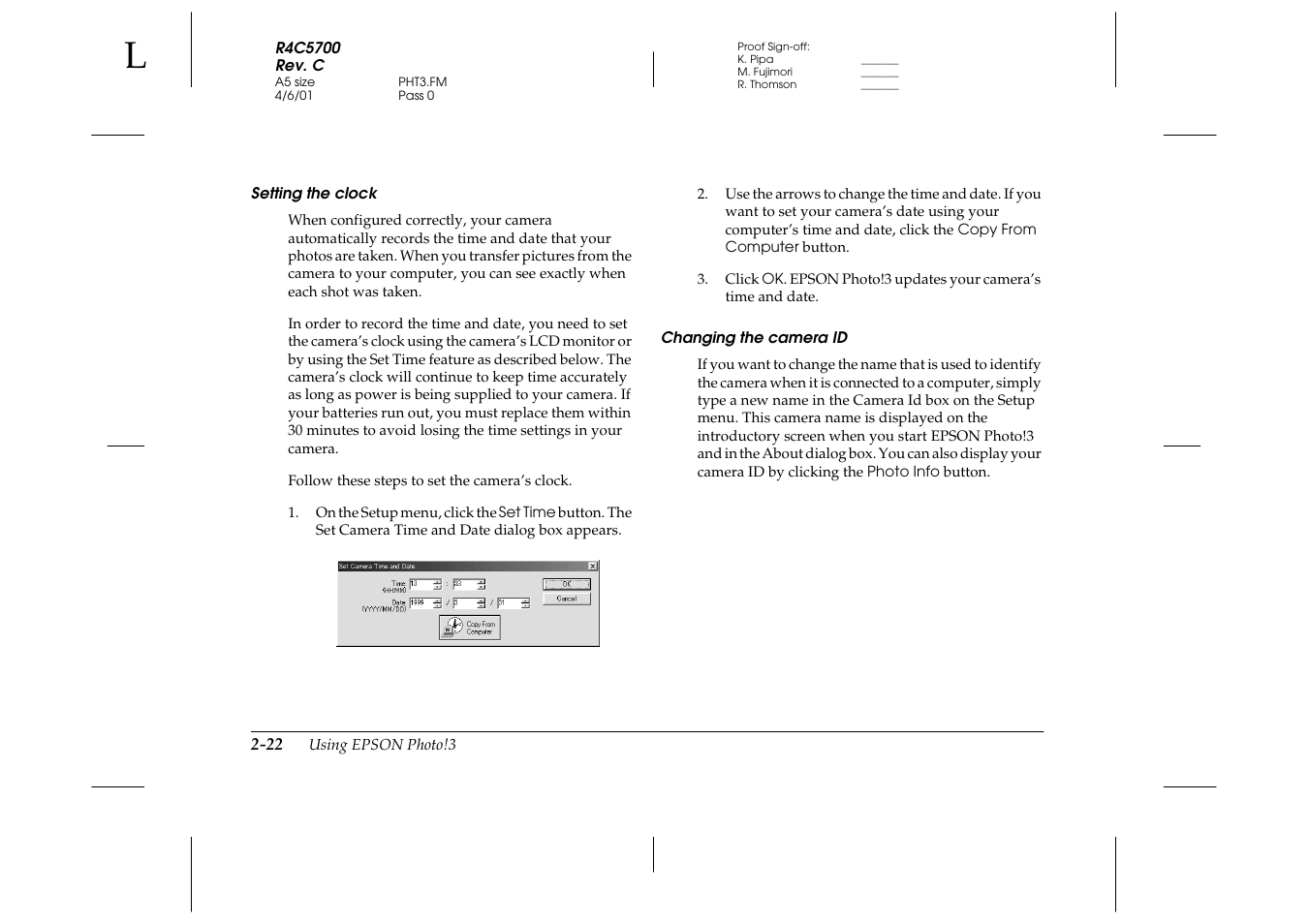 Setting the clock, Changing the camera id | Epson 4012033-00 XXX User Manual | Page 47 / 81