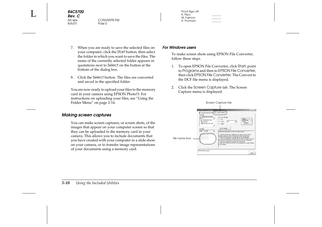 Making screen captures, For windows users, Making screen captures -10 | Epson 4012033-00 XXX User Manual | Page 57 / 81