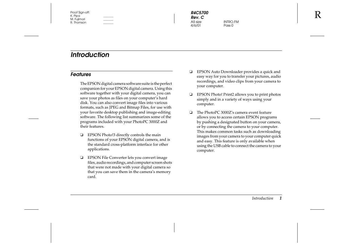 Introduction, Features | Epson 4012033-00 XXX User Manual | Page 6 / 81