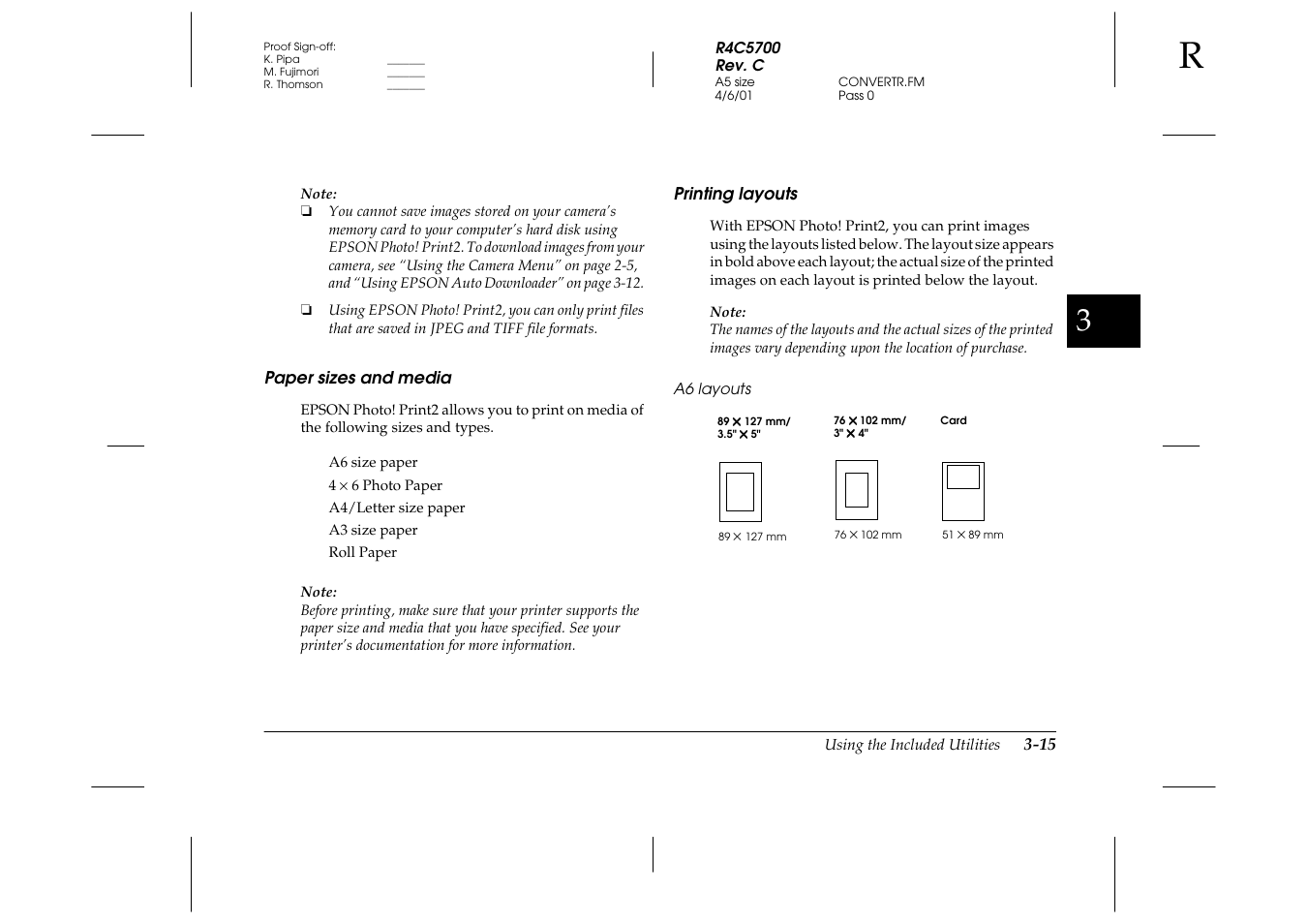 Paper sizes and media, Printing layouts, A6 layouts | Paper sizes and media -15 printing layouts -15 | Epson 4012033-00 XXX User Manual | Page 62 / 81