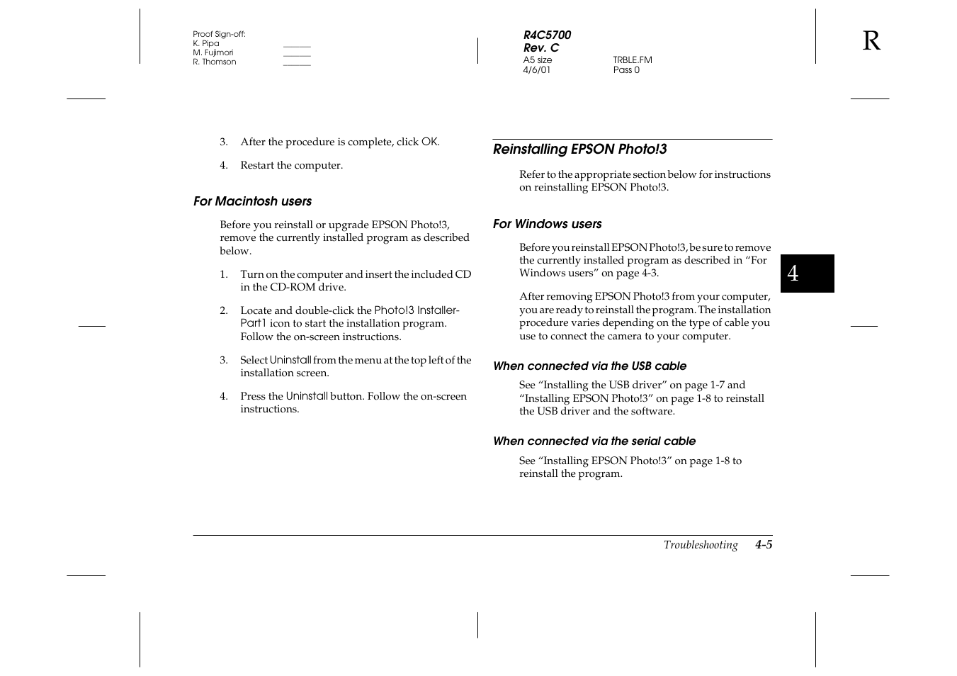 For macintosh users, Reinstalling epson photo!3, For windows users | When connected via the usb cable, When connected via the serial cable, For macintosh users -5, Reinstalling epson photo!3 -5, For windows users -5 | Epson 4012033-00 XXX User Manual | Page 72 / 81