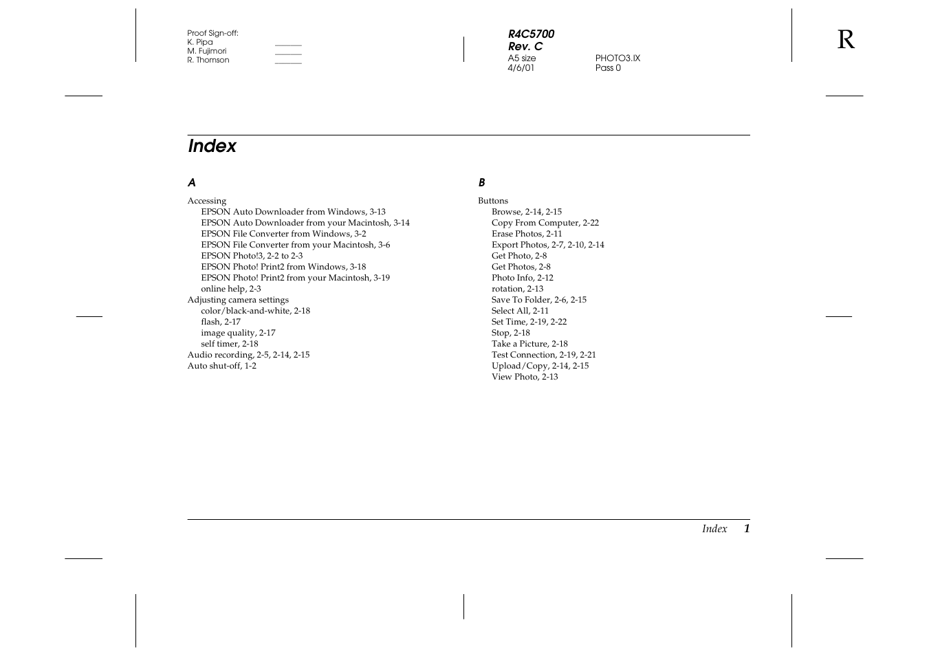 Index | Epson 4012033-00 XXX User Manual | Page 76 / 81