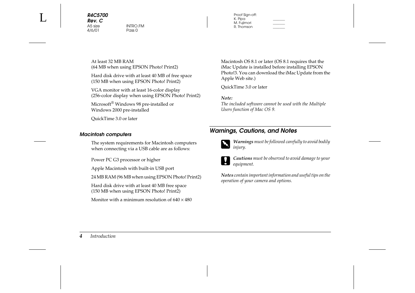 Macintosh computers, Warnings, cautions, and notes | Epson 4012033-00 XXX User Manual | Page 9 / 81