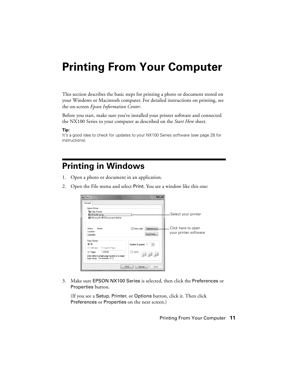 Printing from your computer, Printing in windows | Epson NX100 User Manual | Page 11 / 40