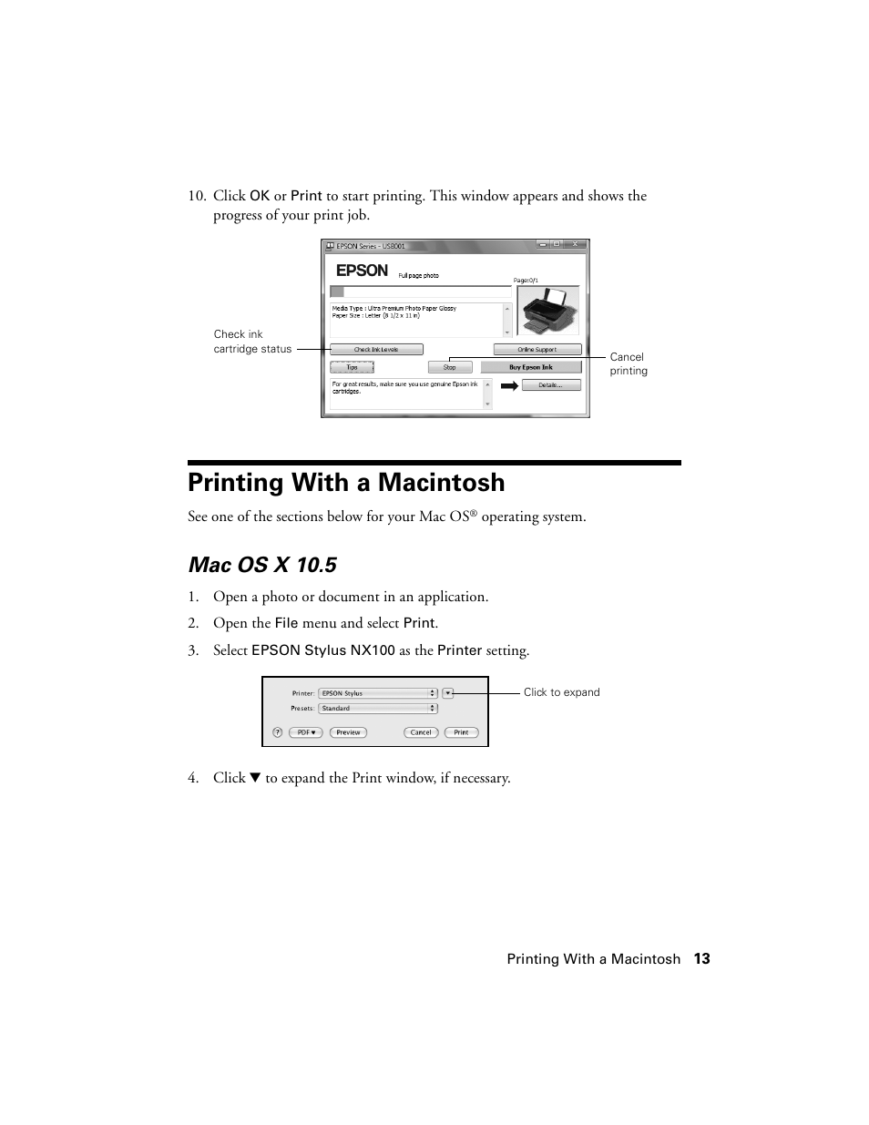 Printing with a macintosh, Mac os x 10.5 | Epson NX100 User Manual | Page 13 / 40