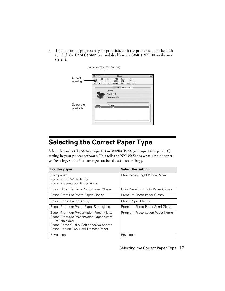 Selecting the correct paper type | Epson NX100 User Manual | Page 17 / 40