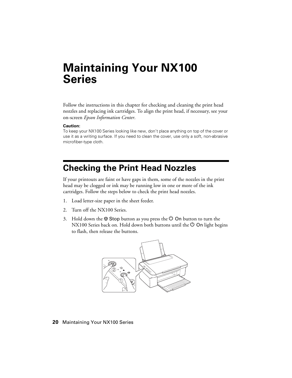 Maintaining your nx100 series, Checking the print head nozzles | Epson NX100 User Manual | Page 20 / 40