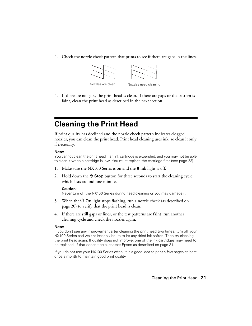 Cleaning the print head | Epson NX100 User Manual | Page 21 / 40