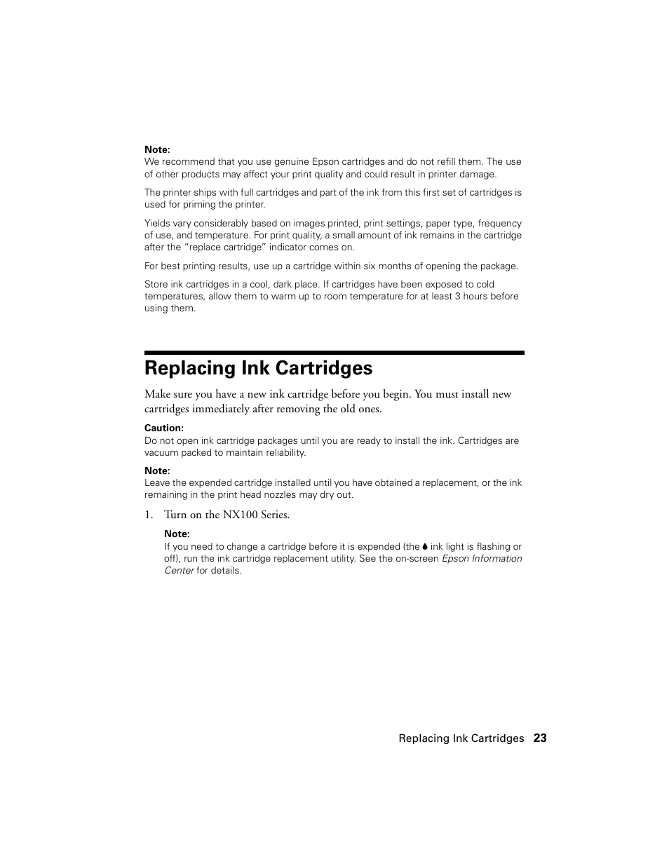 Replacing ink cartridges | Epson NX100 User Manual | Page 23 / 40