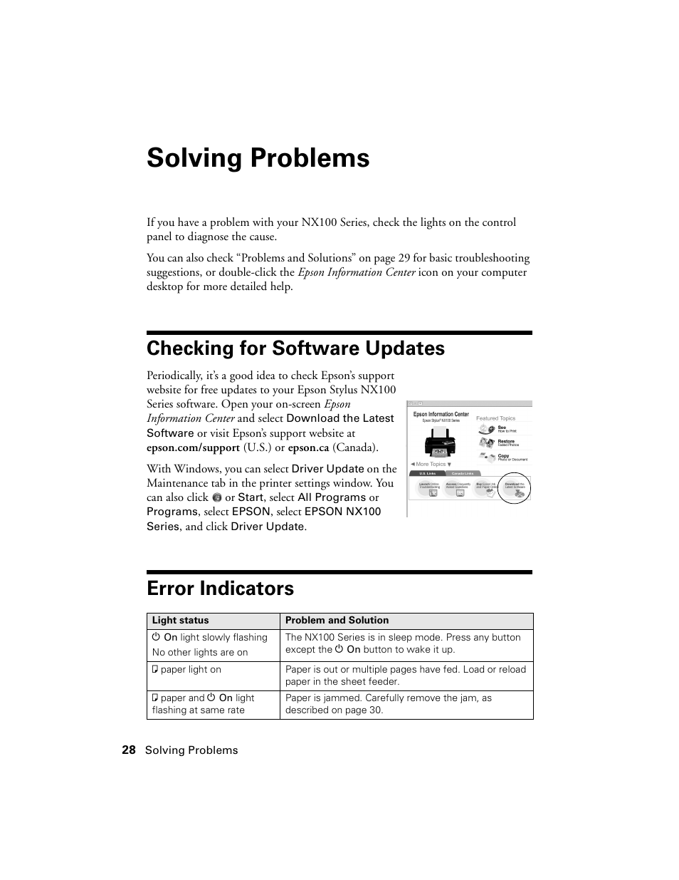 Solving problems, Checking for software updates, Error indicators | Checking for software updates error indicators | Epson NX100 User Manual | Page 28 / 40