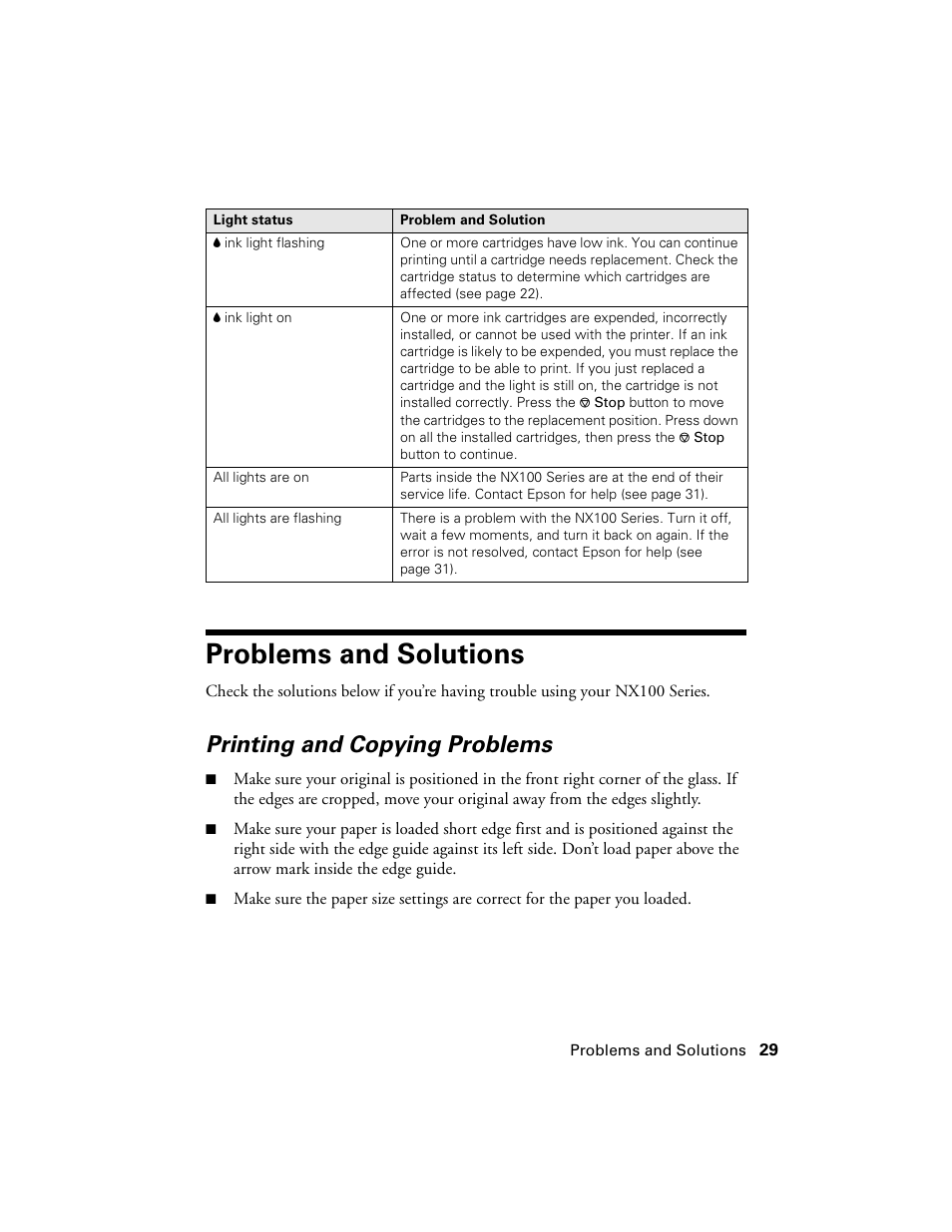 Problems and solutions, Printing and copying problems | Epson NX100 User Manual | Page 29 / 40