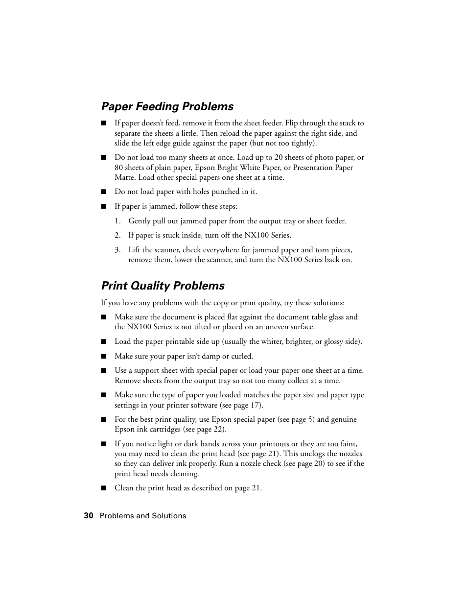 Paper feeding problems, Print quality problems | Epson NX100 User Manual | Page 30 / 40