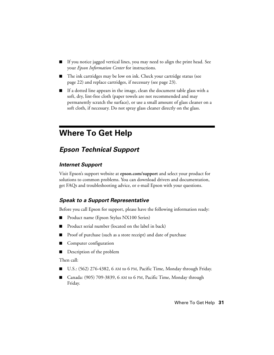 Where to get help, Epson technical support | Epson NX100 User Manual | Page 31 / 40