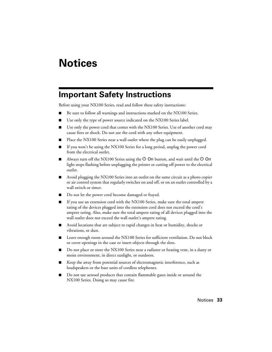 Notices, Important safety instructions | Epson NX100 User Manual | Page 33 / 40