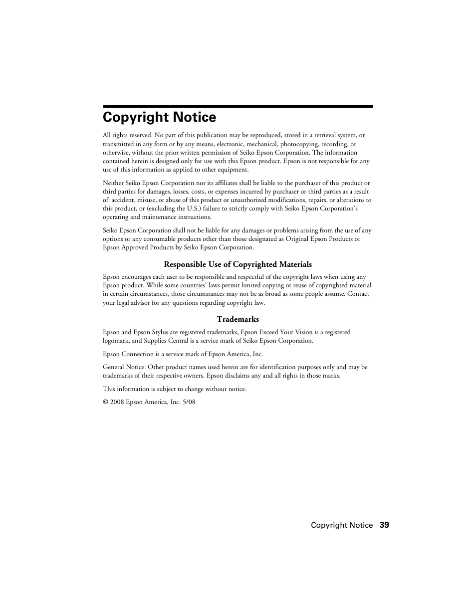 Copyright notice | Epson NX100 User Manual | Page 39 / 40