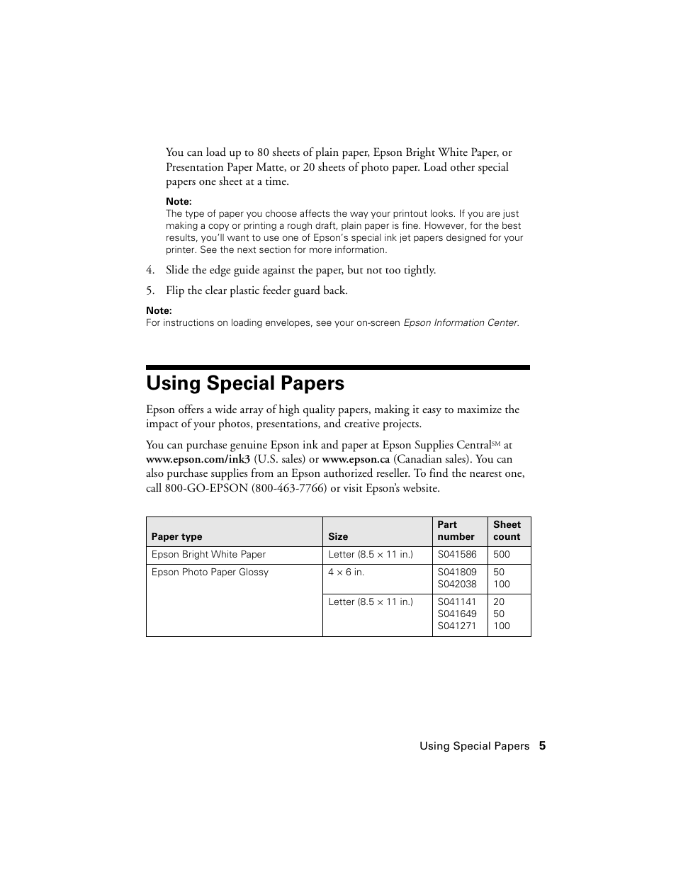 Using special papers | Epson NX100 User Manual | Page 5 / 40