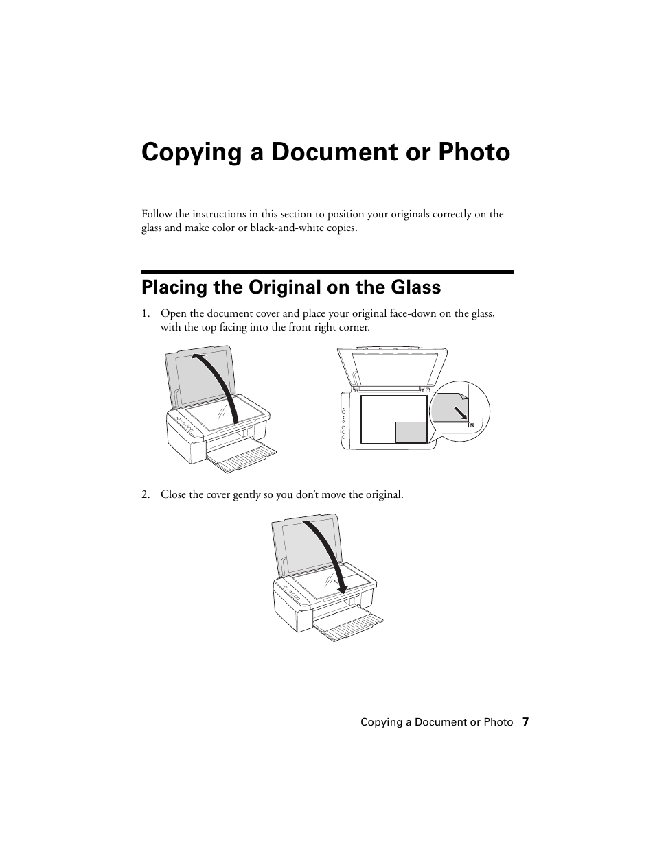 Copying a document or photo, Placing the original on the glass | Epson NX100 User Manual | Page 7 / 40